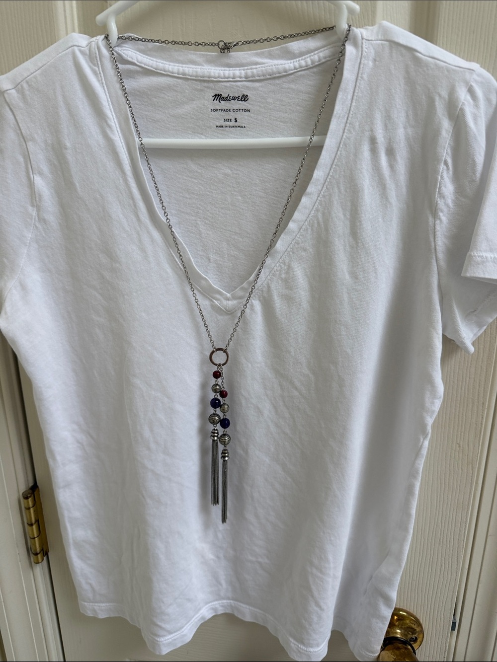 Silver Multi-Bead Tassel Pendant Necklace - White, Red & Blue